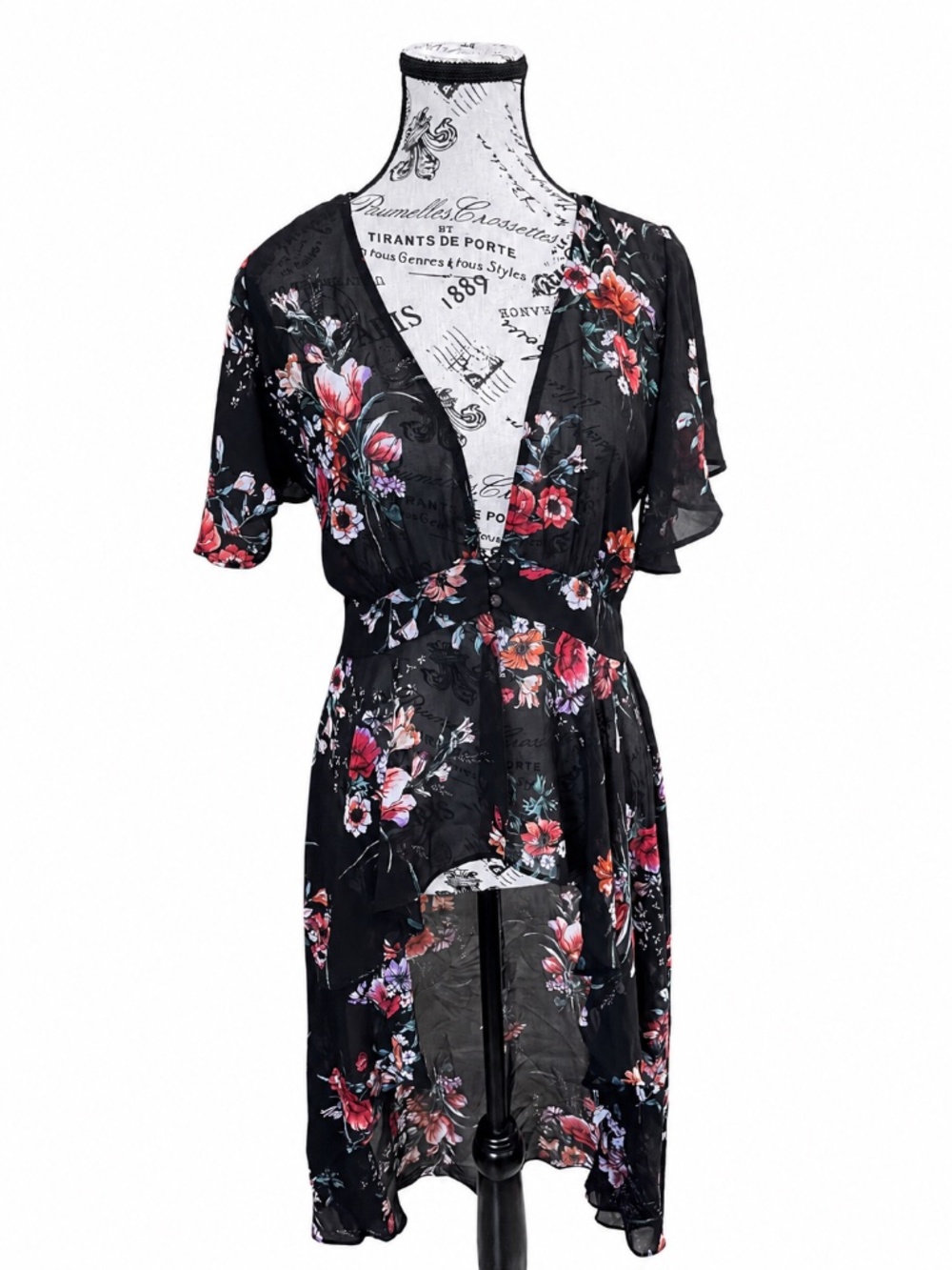 Meghan LA Black Floral Sheer High Low Short-Sleeved Blouse